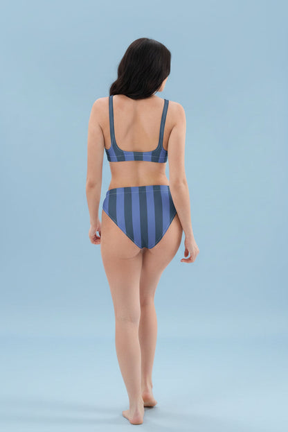 Navy Blue & Marine Striped High-Waisted Bikini Set