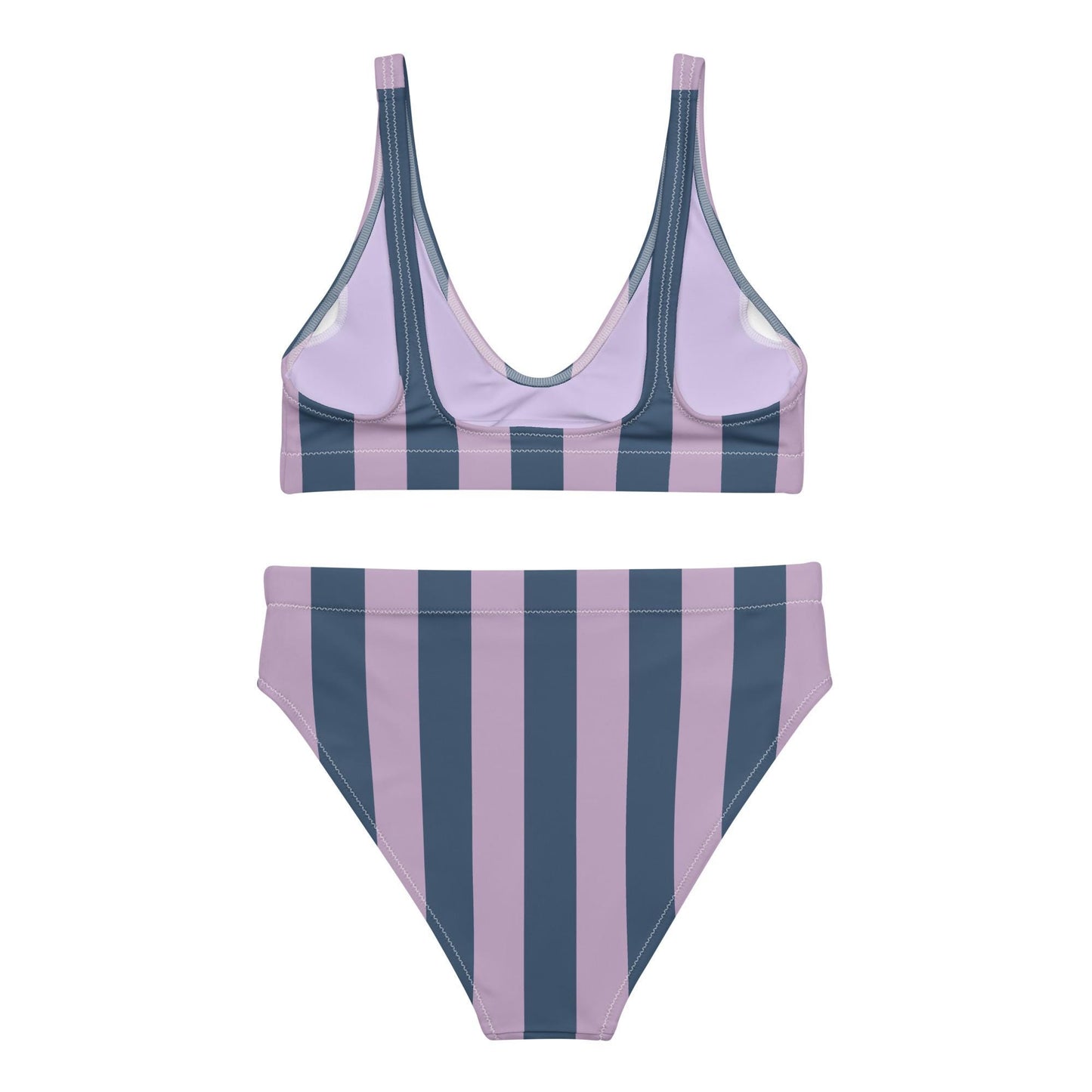 Navy Blue & Violet Striped High-Waisted Bikini Set