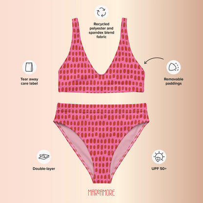 Fuchsia Pink High-Waisted Bikini with Red Dots
