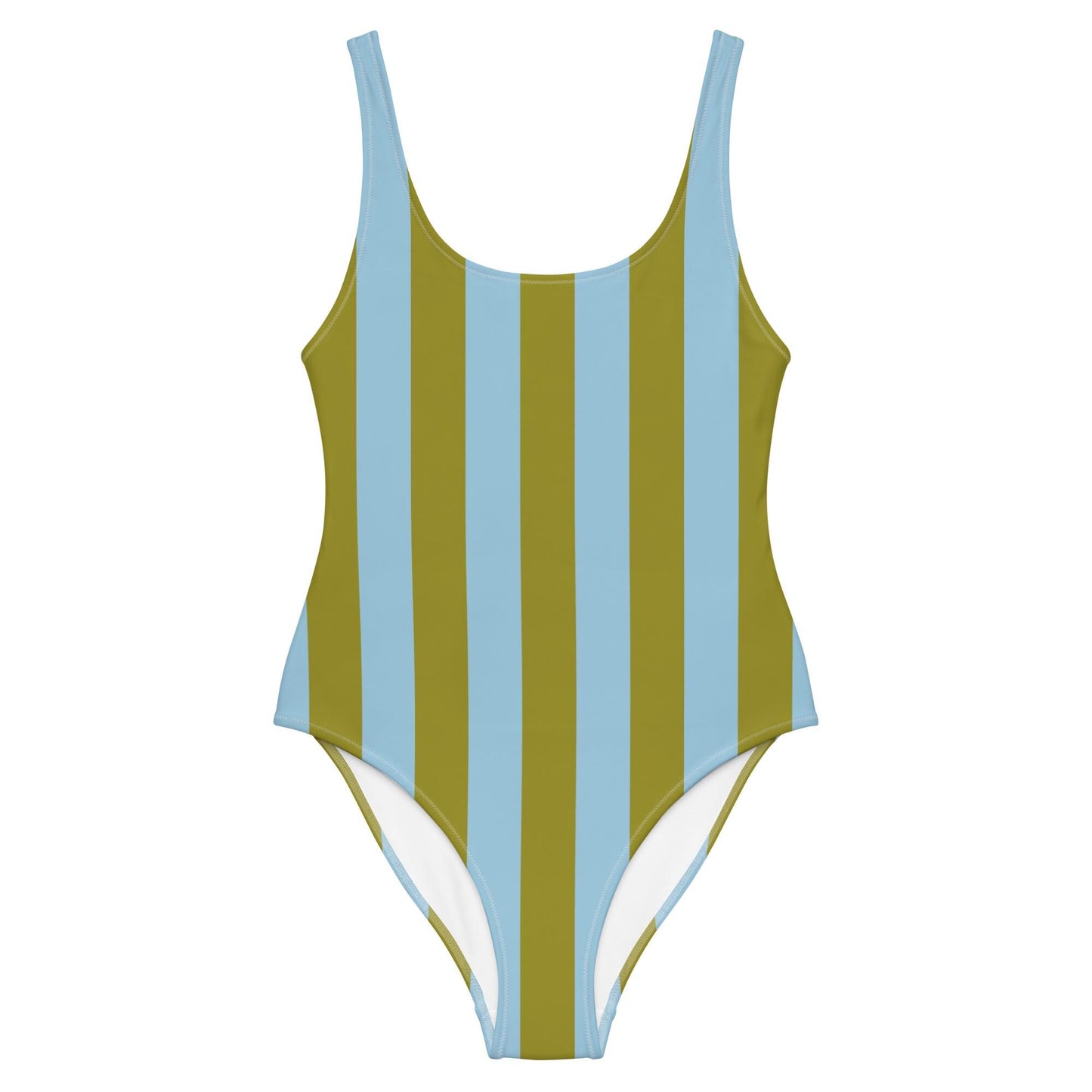 Olive Green & Sky Blue Striped One-Piece Swimsuit