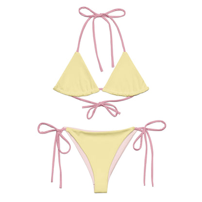 Yellow String Bikini Set with Pink Spaghetti Straps