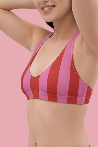 Red & Pink Striped High-Waisted Bikini Set