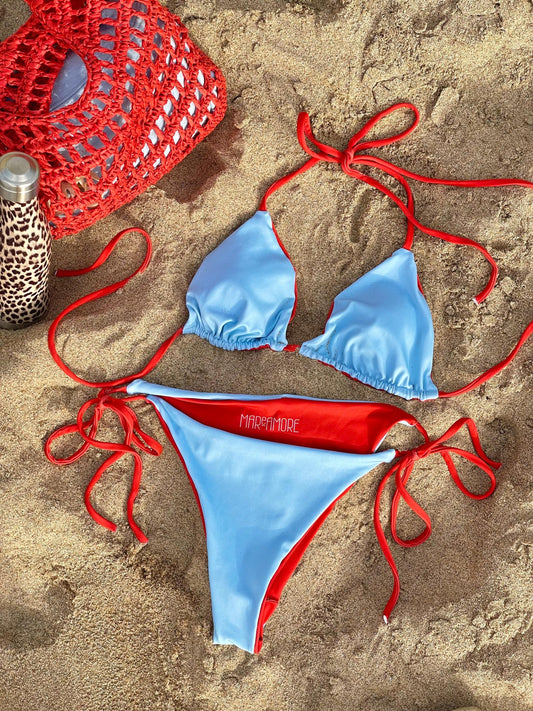 Sky Blue String Bikini Set with Red Spaghetti Straps