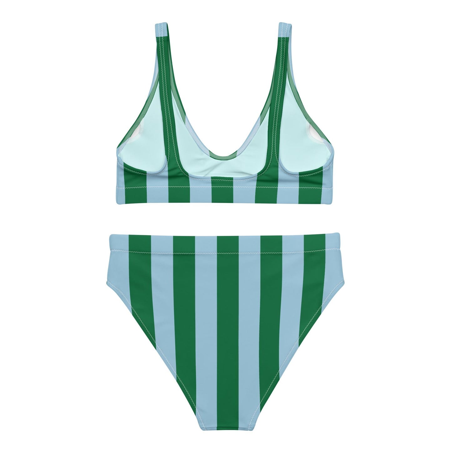Green & Sky Blue Striped High-Waisted Bikini Set