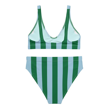 Green & Sky Blue Striped High-Waisted Bikini Set