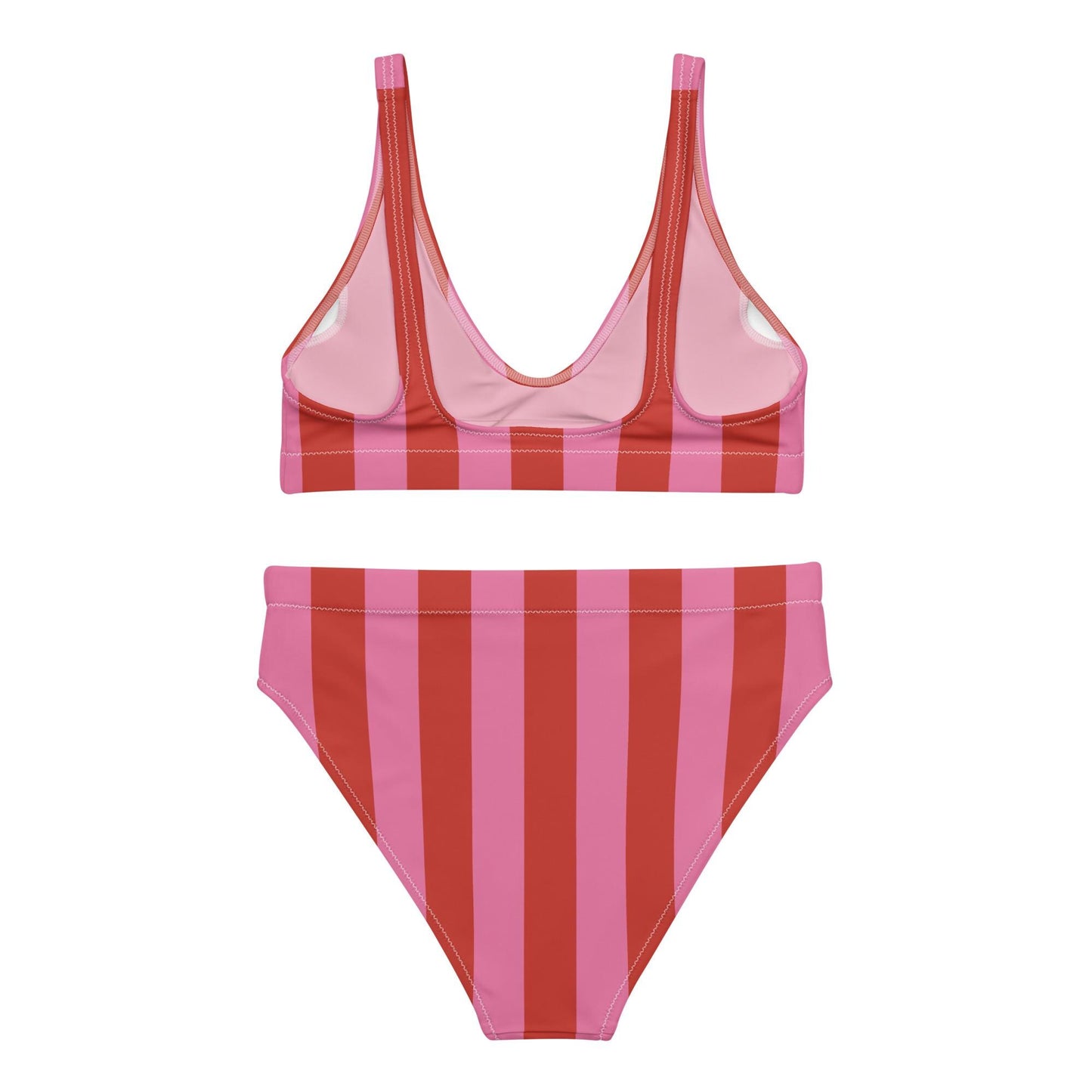 Red & Pink Striped High-Waisted Bikini Set
