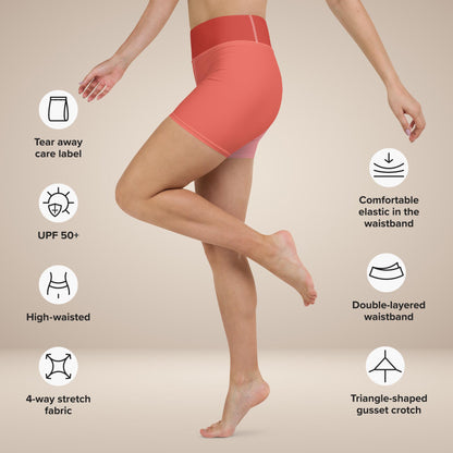 Blush & Red Colour-Block Yoga Shorts