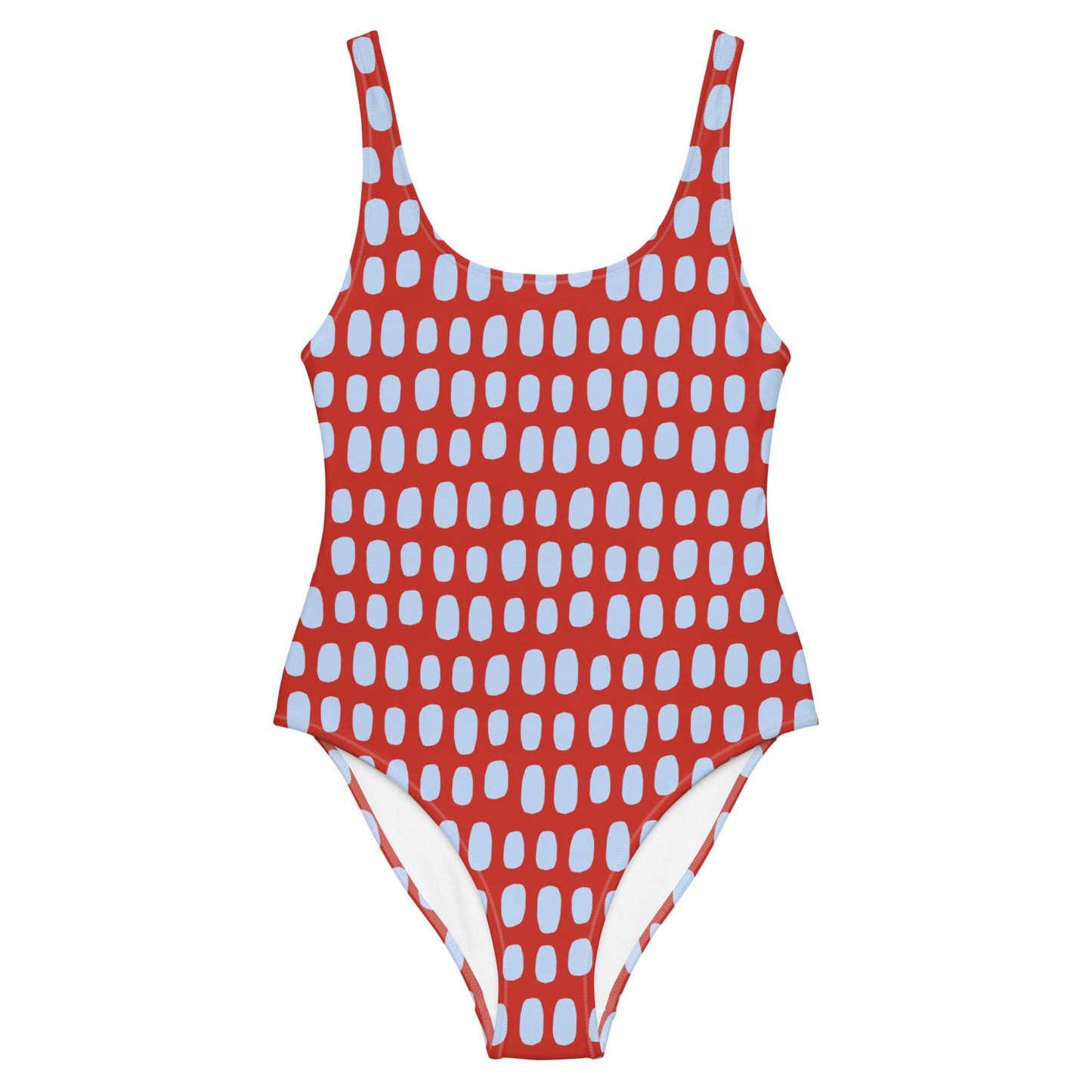 Red One-Piece Swimsuit with Light Blue Dots