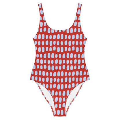 Red One-Piece Swimsuit with Light Blue Dots