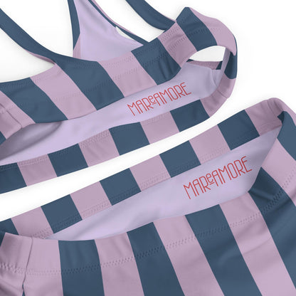 Navy Blue & Violet Striped High-Waisted Bikini Set