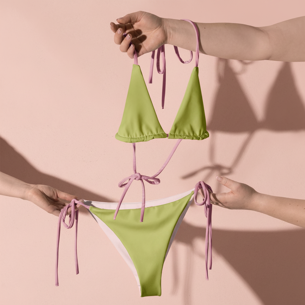 Lime Green Bikini Set with Pink Spaghetti Straps