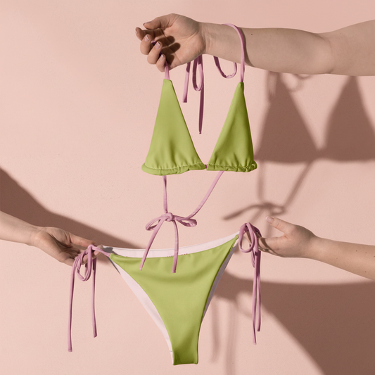 Lime Green Bikini Set with Pink Spaghetti Straps