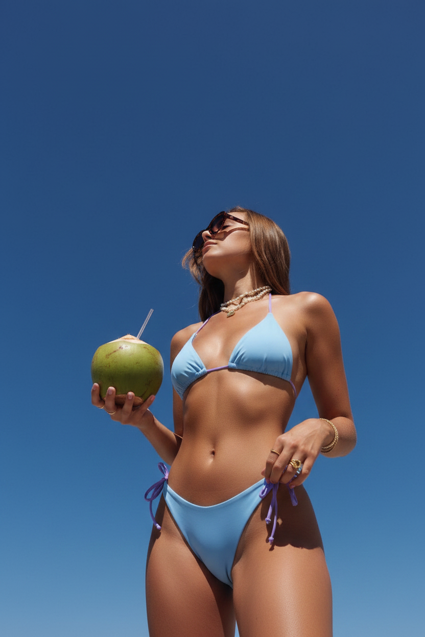Light blue bikini coconut drink