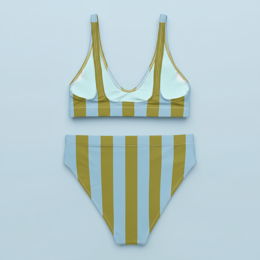 Olive Blue Striped Bikini flat lay — light blue background