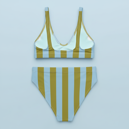 Olive Blue Striped Bikini flat lay — light blue background