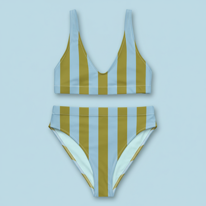 Olive Blue Striped Bikini front flat lay — light blue background