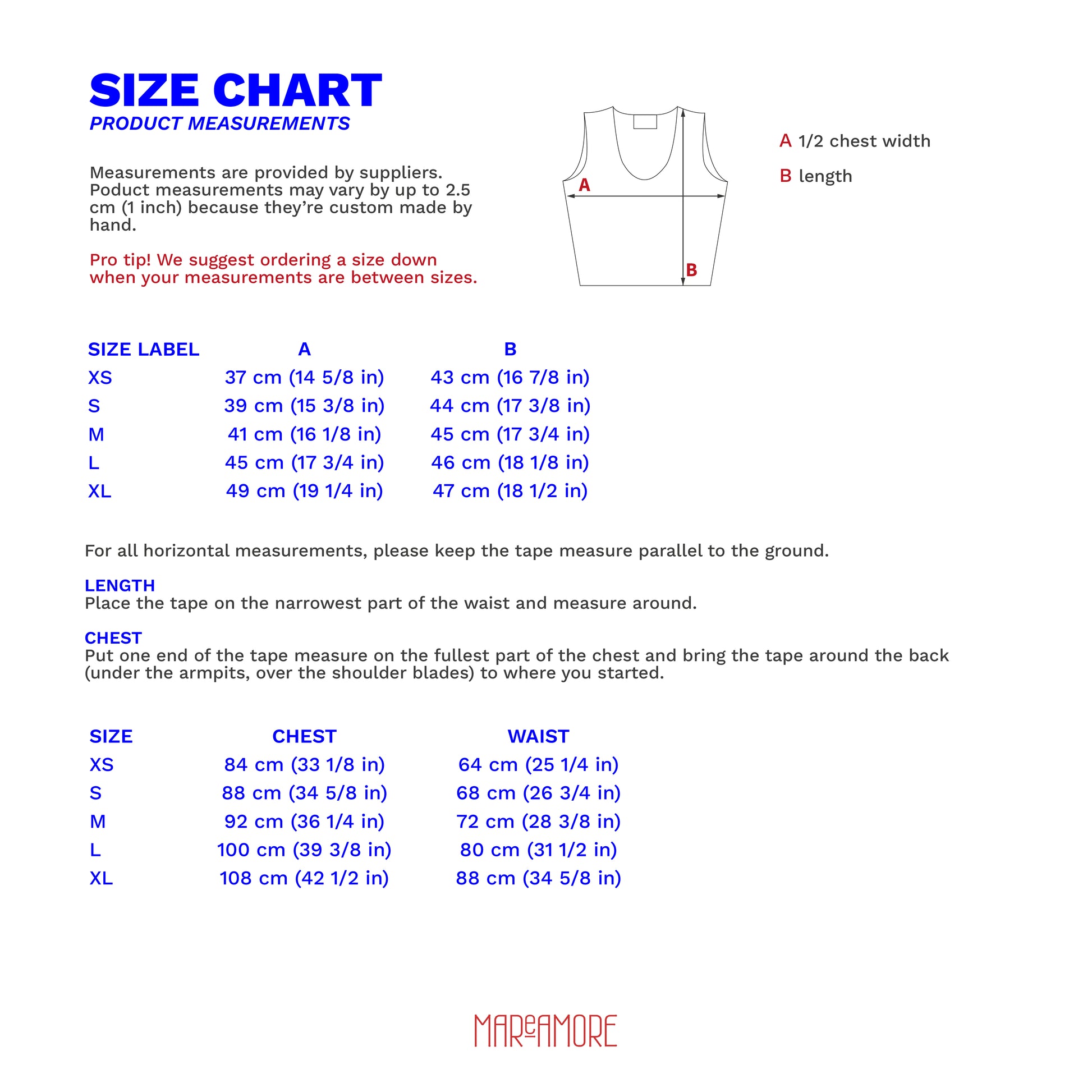 Size chart for tank tops with measurements and a diagram of a tank top.