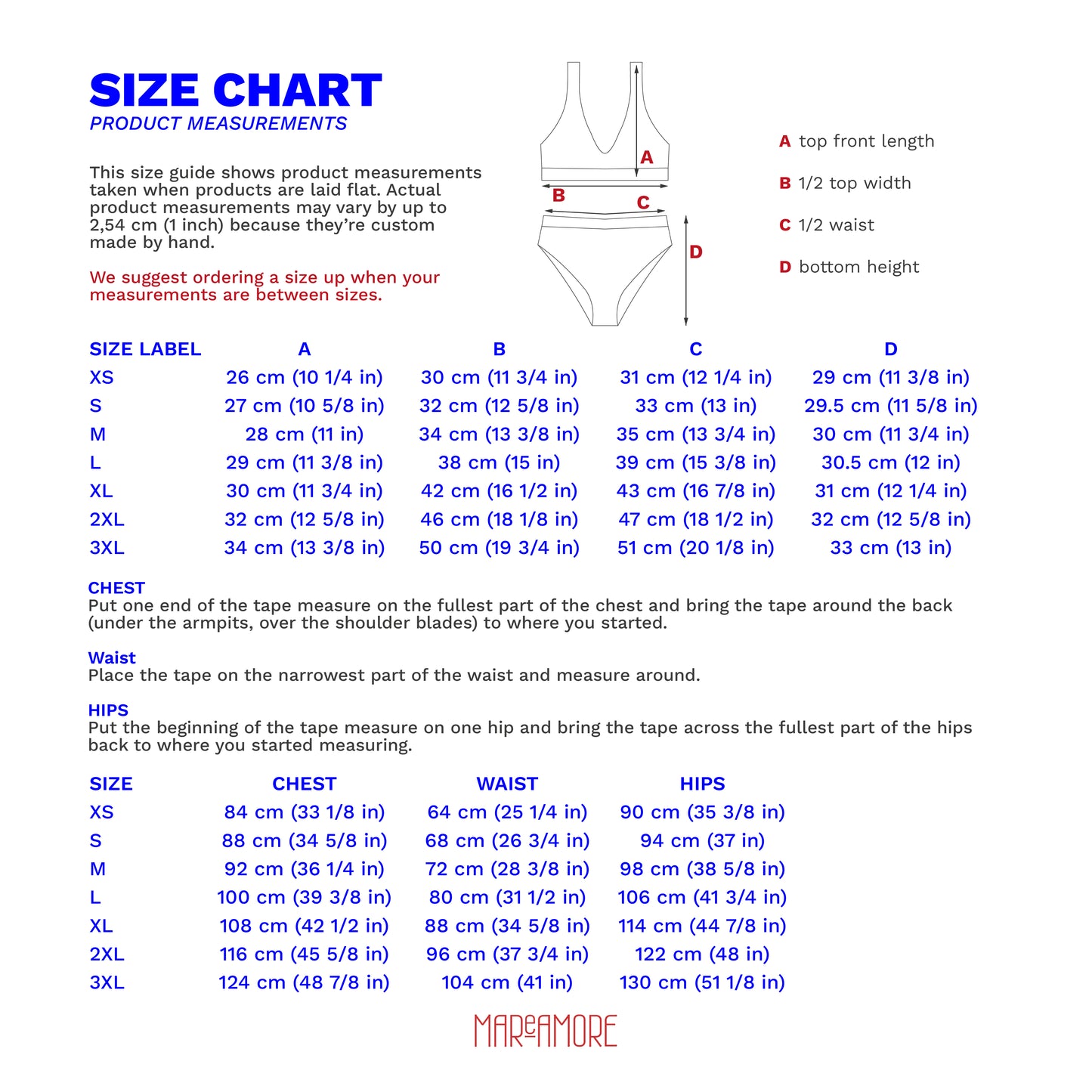 Size chart for women's High Waisted Bikini Set with measurements in centimeters and inches.