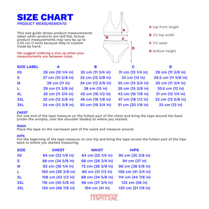 Size chart for women's High Waisted Bikini Set with measurements in centimeters and inches.