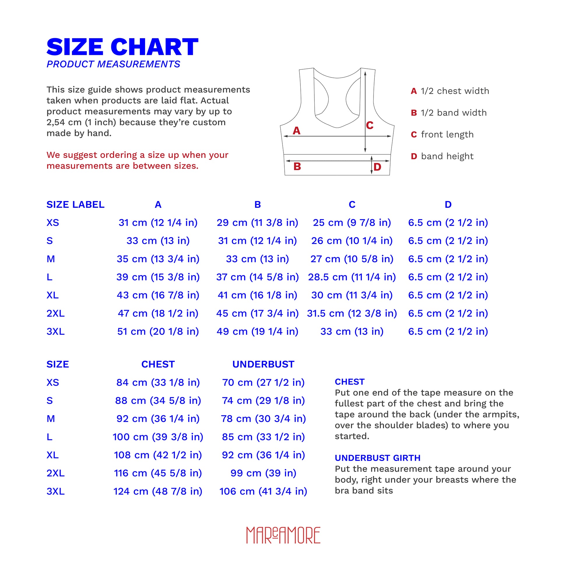 Size chart for sprots bra with measurements and a diagram of a sports bra
