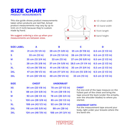 Size chart for sprots bra with measurements and a diagram of a sports bra