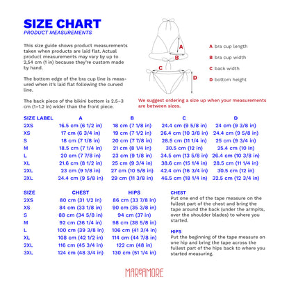 Size chart for bikini measurements with product measurements and ordering suggestions.
