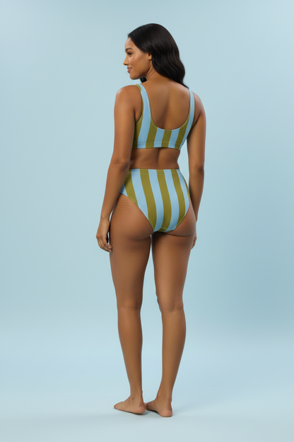 Studio back view — same model, Olive & Light Blue Striped Bikini