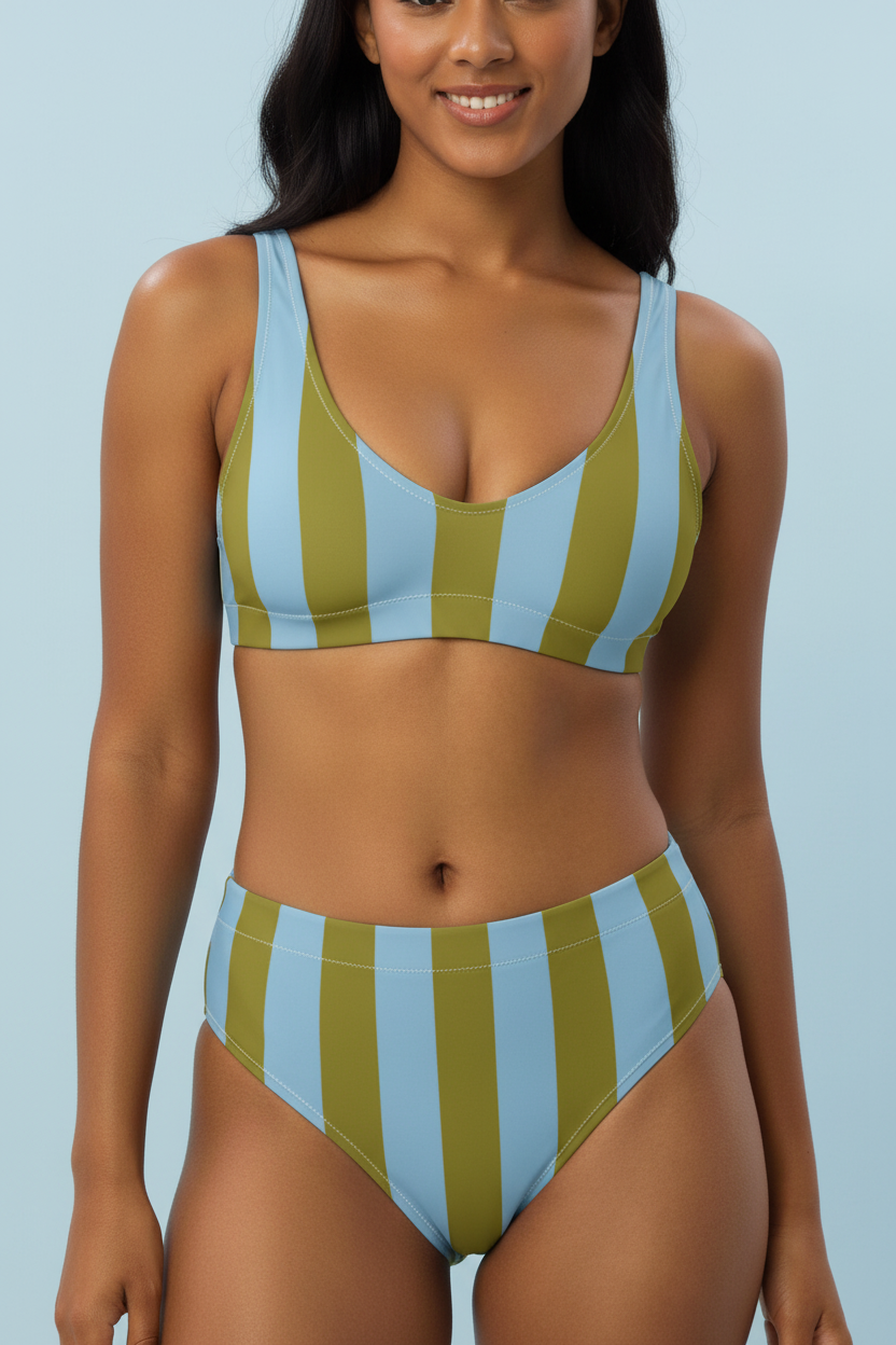 Studio close-up — Olive & Light Blue Striped Bikini
