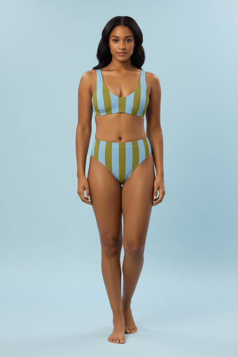 Studio front — Olive & Light Blue Striped Bikini