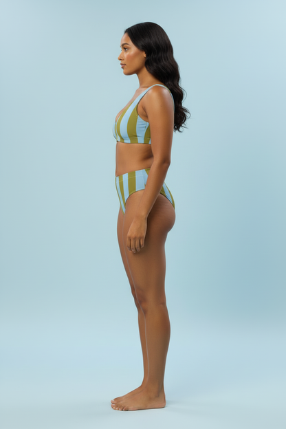 Studio side view — same model, Olive & Light Blue Striped Bikini